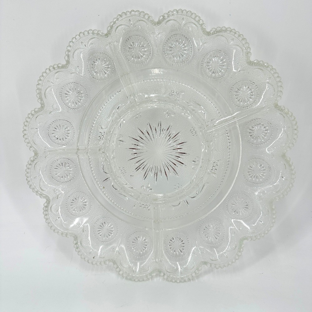 Retro 1970s Pressed Glass Divided‎ Serving Dish Scalloped Edge Starburst Pattern